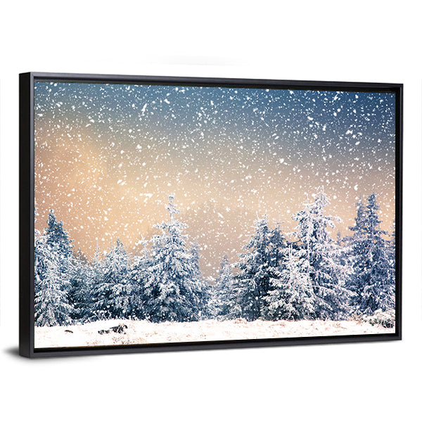 Snowy Fir Trees In The Mountains Canvas Wall Art in white, beige and blue, framed canvas, product view on a white background