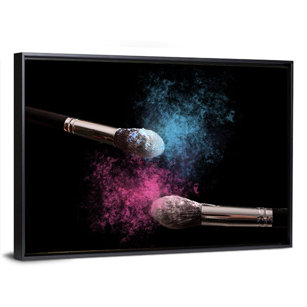 Two Makeup Brushes Powder Explosion Canvas Wall Art in black, blue and pink, framed canvas, product view on a white background