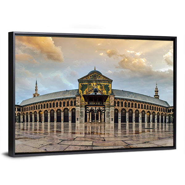 Great Umayyad Mosque Of Damascus Syria Canvas Wall Art in gray, beige and gold, framed canvas, product view on a white background