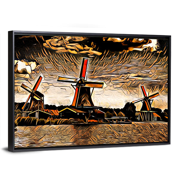 Three Vintage Windmills at Sunset Canvas Wall Art