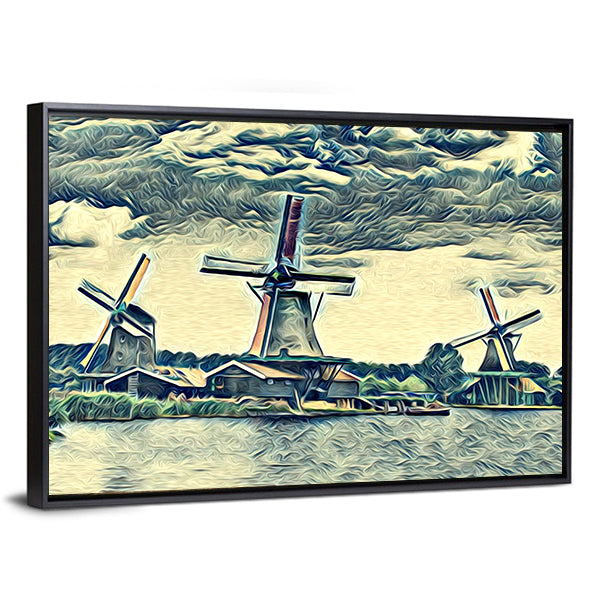 Vintage Dutch Windmills Landscape Canvas Wall Art