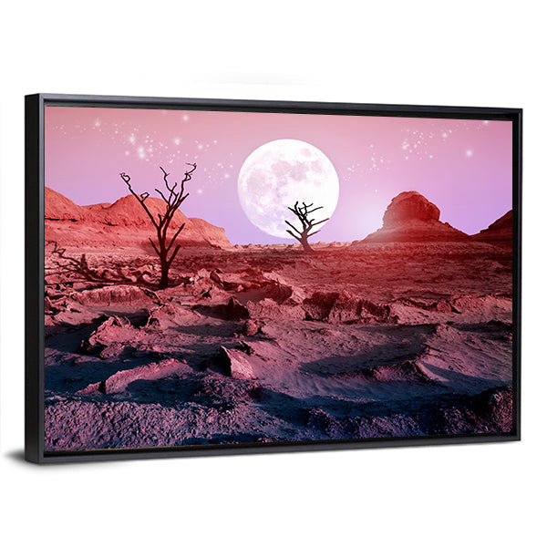 Lonely Dry Trees in Desert Canvas Wall Art in red, purple and pink, framed canvas, product view on a white background