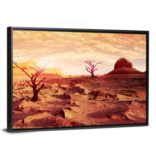 Dry Trees in the Desert Canvas Wall Art in brown, orange and yellow, framed canvas, product view on a white background