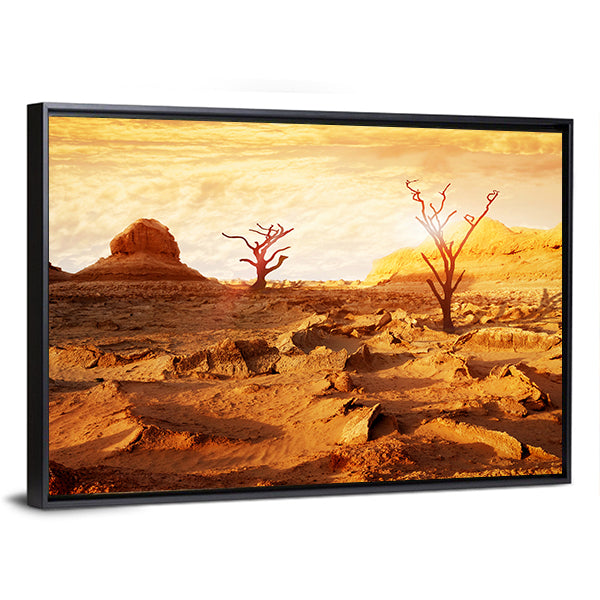 Sunset Over Dry Desert Canvas Wall Art