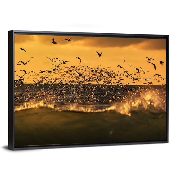 Seagulls Hovering Over Stormy Sea Canvas Wall Art