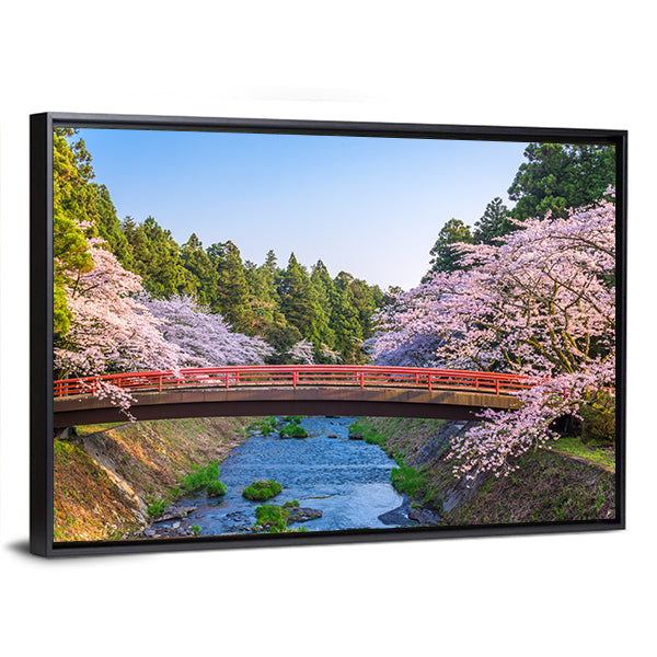 Cherry Blossoms Over Red Arched Bridge Canvas Wall Art