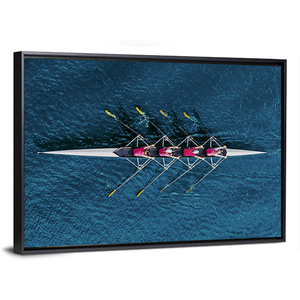 Women's Rowing Team on Blue Water Canvas Wall Art in blue and navy, framed canvas, product view on a white background