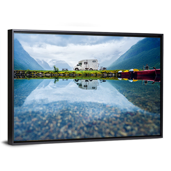 Motorhome by Mountain Lake, Norway Canvas Wall Art in white, green and blue, framed canvas, product view on a white background