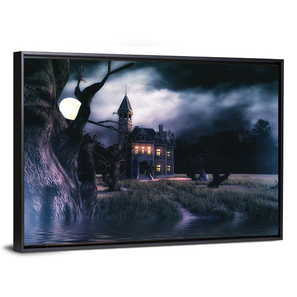 Moonlit Haunted Victorian Mansion Canvas Wall Art