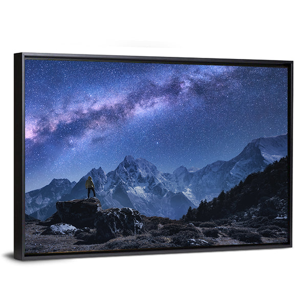 Milky Way Over Snow-covered Peaks Canvas Wall Art in black, blue and purple, framed canvas, product view on a white background