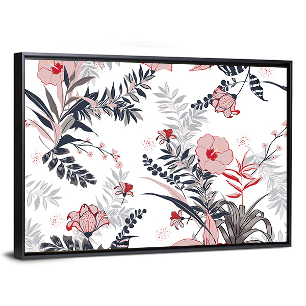 Hibiscus and Tropical Leaves Pattern Canvas Wall Art