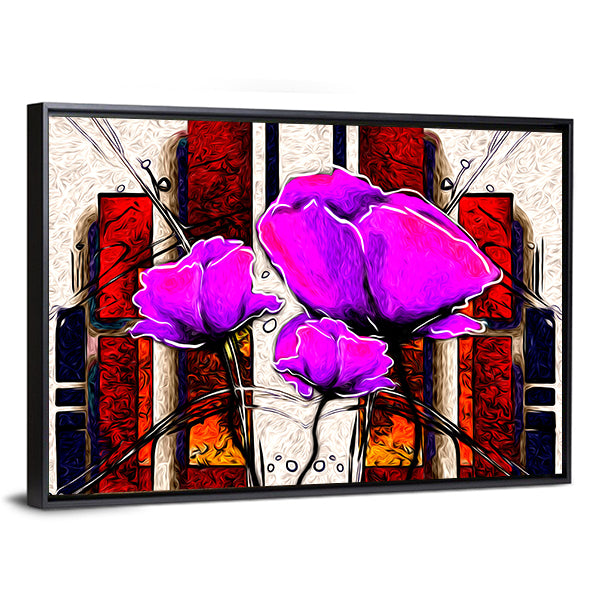 Oil Painted Purple Poppies with Geometric Background Canvas Wall Art
