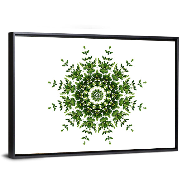 Green Mandala Pattern Canvas Wall Art in white and green, framed canvas, product view on a white background