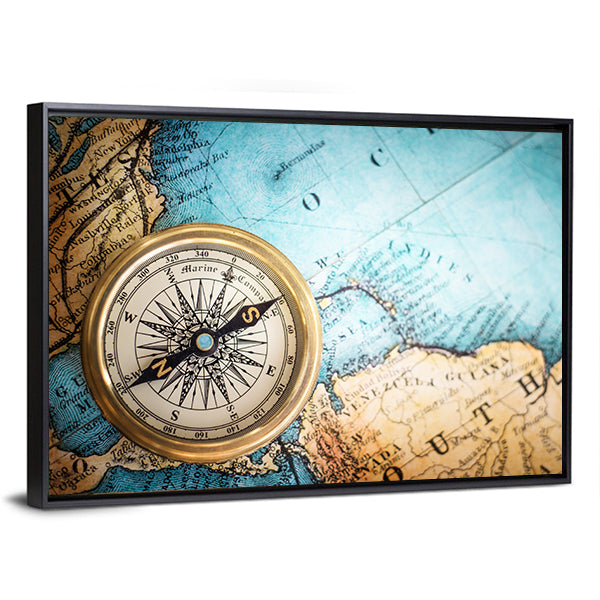 Brass Compass on Antique World Map Canvas Wall Art