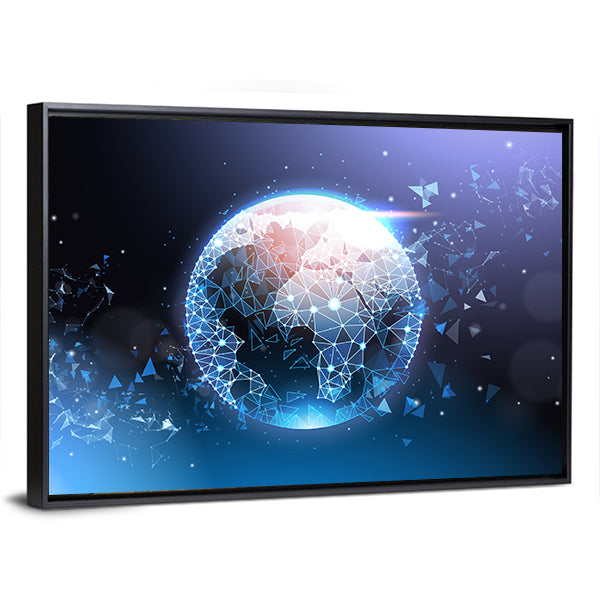 Digital Wireframe Globe Network Canvas Wall Art in black, blue and purple, framed print, product view on a white background