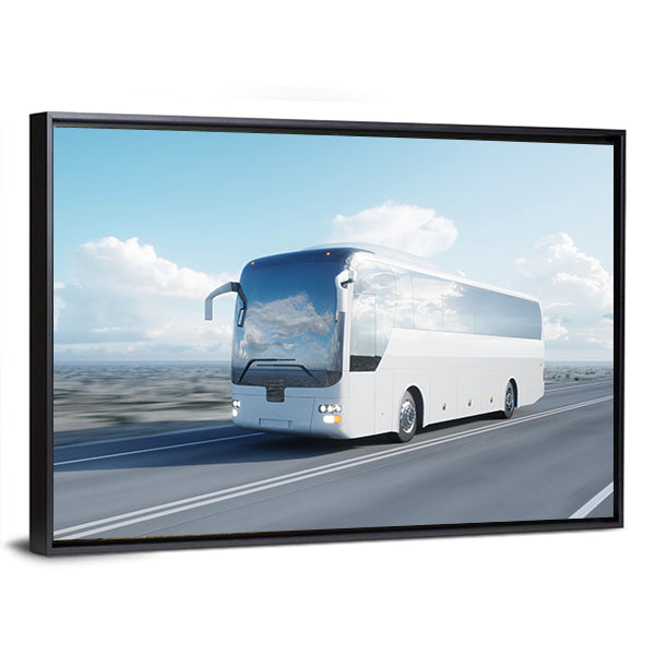 White Coach Bus on Highway Canvas Wall Art