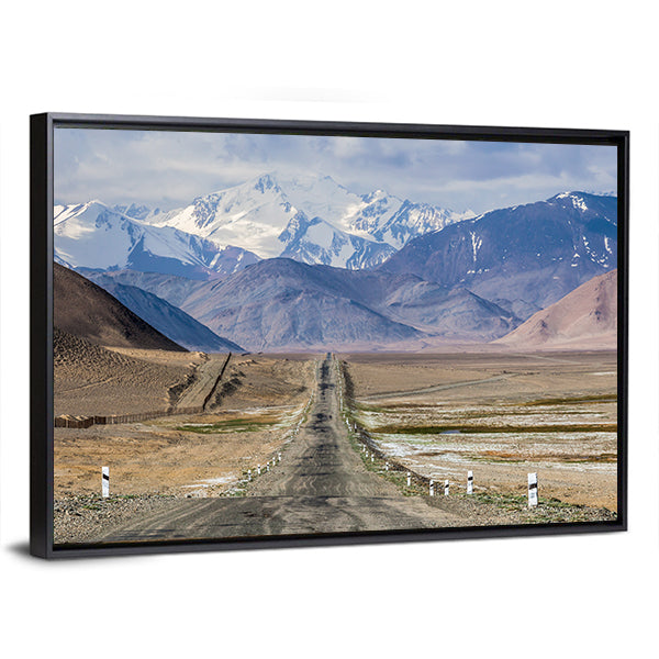 Pamir Highway In Tajikistan Canvas Wall Art in white, brown and blue, framed canvas, product view on a white background
