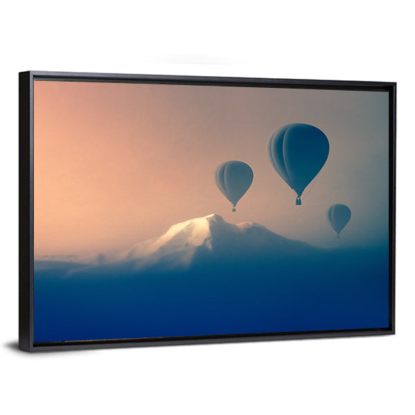 Silhouette Of Air balloon Flying In The Mountains Canvas Wall Art
