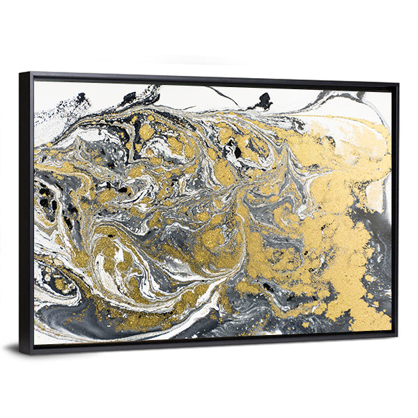 Marble Acrylic Abstract Canvas Wall Art in white, gray and gold, framed canvas, product view on a white background