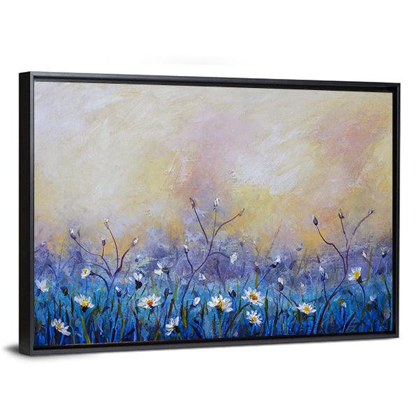 Abstract Daisy Meadow at Dawn Canvas Wall Art in white, yellow and blue, framed canvas, product view on a white background