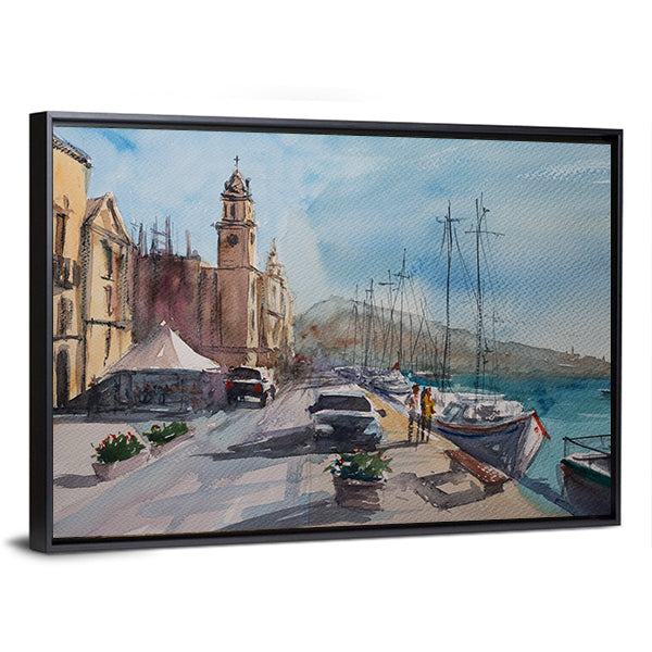 Harbor Town Sketch with Clock Tower Canvas Wall Art