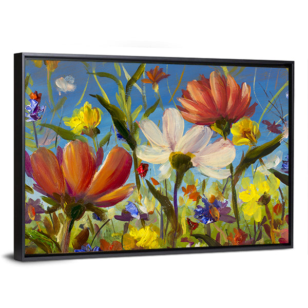 Vibrant Wildflower Meadow with Daisies Canvas Wall Art in yellow, blue and multicolor, framed canvas, product view on a white background