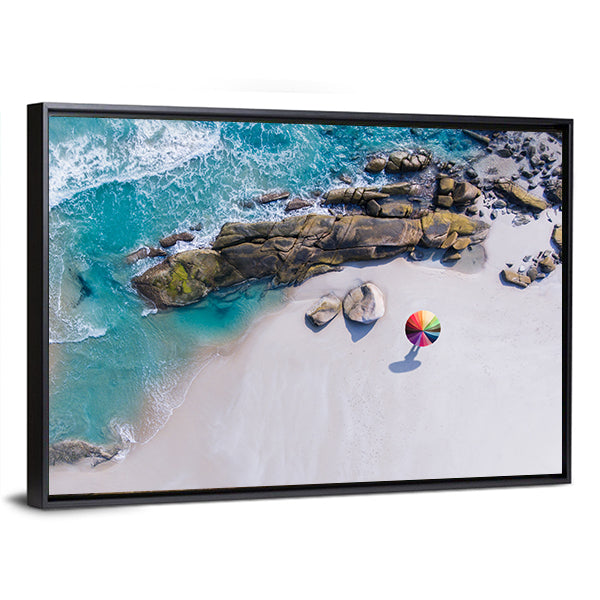 Umbrella On The Beach And Foam Of Sea Wave Canvas Wall Art