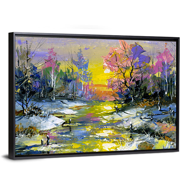 Winter Sunset River in Snowy Forest Canvas Wall Art