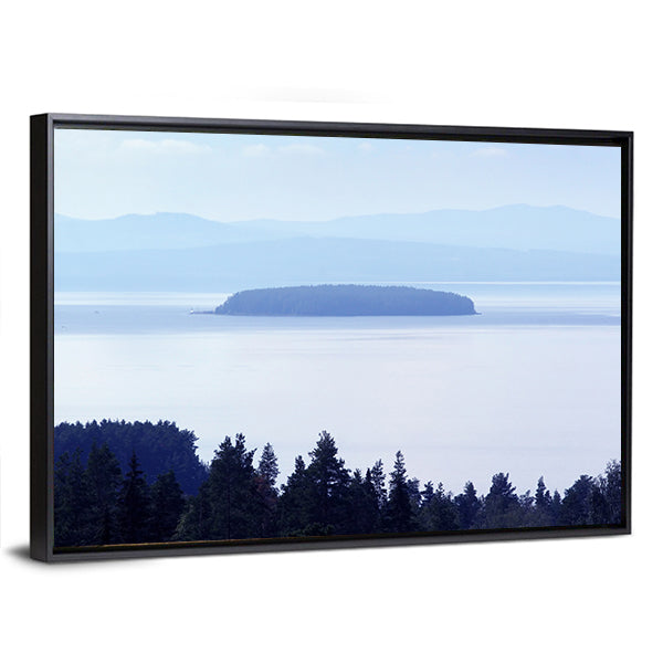 Early Morning Lake In Sweden Canvas Wall Art in white and blue, framed canvas, product view on a white background