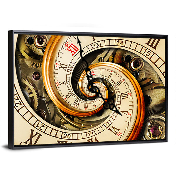Spiral Clock Face with Gears Canvas Wall Art in beige and gold, framed canvas, product view on a white background
