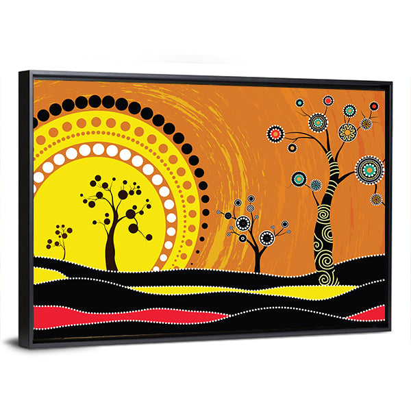 Aboriginal-style Sunset on Rolling Hills Canvas Wall Art in black, orange and yellow, framed canvas, product view on a white background