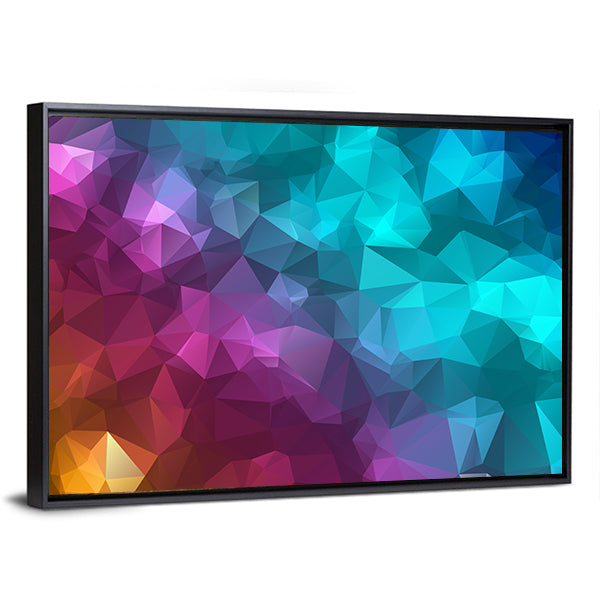 Low Poly Triangle Abstract Canvas Wall Art in blue, purple and multicolor, framed canvas, product view on a white background