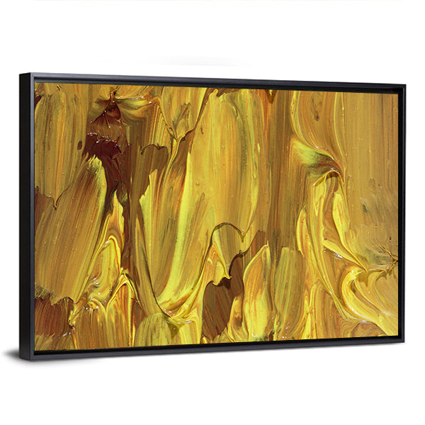 Gold Impasto Brushstrokes Abstract Canvas Wall Art in brown, gold and yellow, framed canvas, product view on a white background