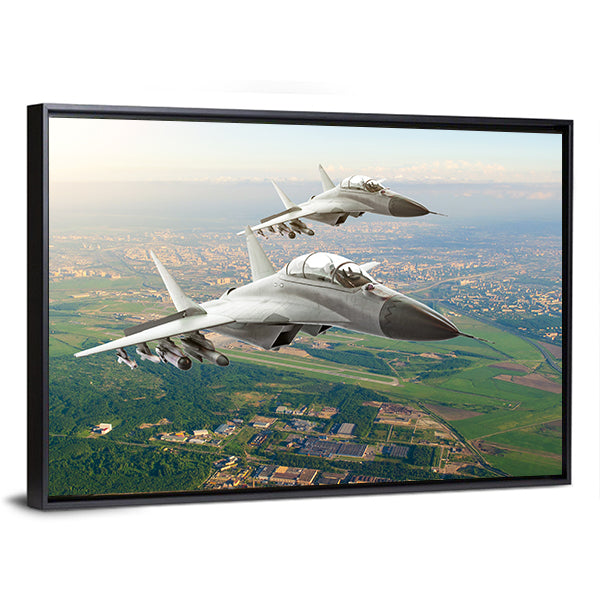 Twin Fighter Jets Over Airfield Canvas Wall Art