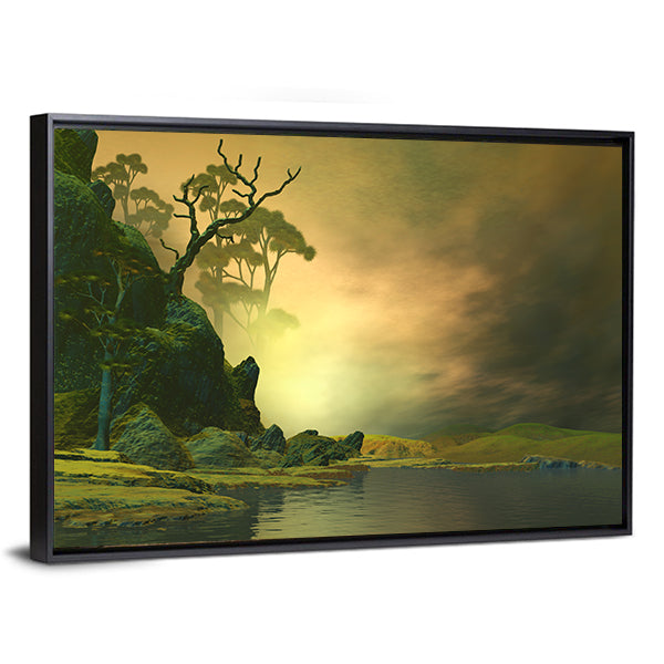 Misty Mountain Lake with Twisted Tree Canvas Wall Art