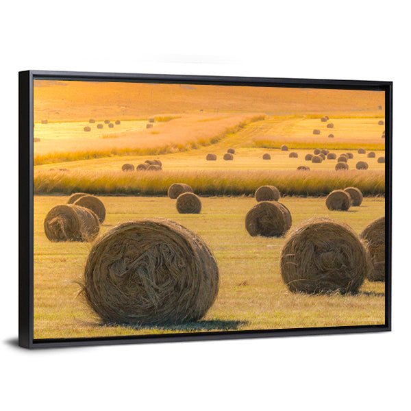 Hay Bales On Golden Field At Sunset Canvas Wall Art