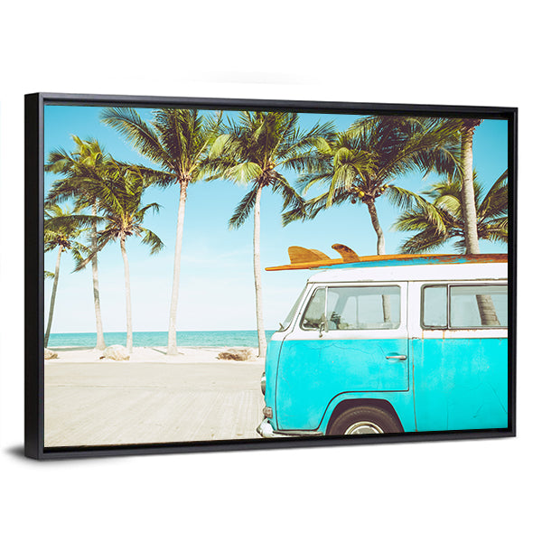 Teal and White Kombi on Tropical Beach Canvas Wall Art