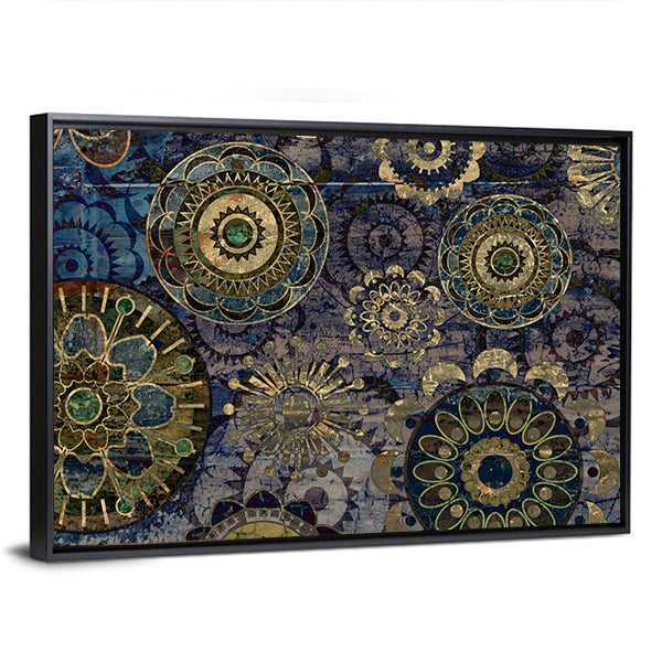 Vintage Floral Mandala Abstract in Navy and Gold Canvas Wall Art in gold, blue and navy, framed canvas, product view on a white background