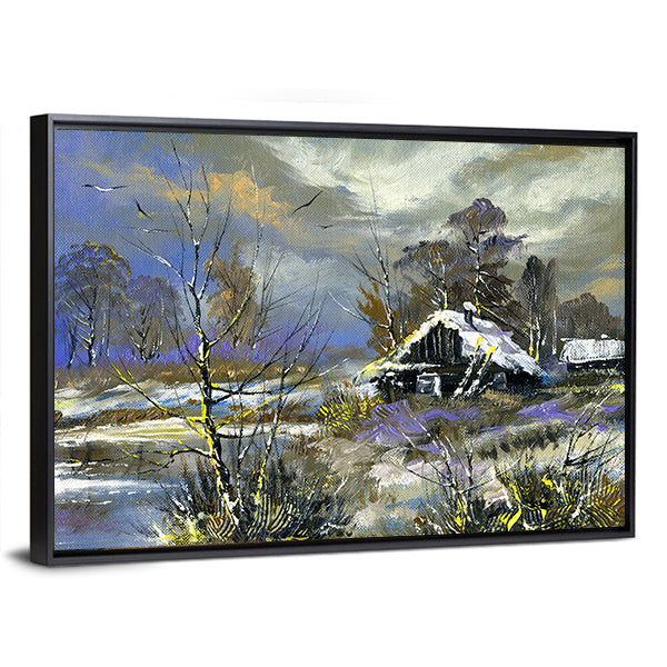 Snow-covered Cabin by the Lake Canvas Wall Art
