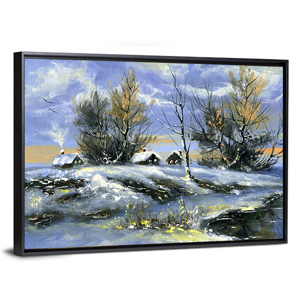 House On Bank Of Lake In Winter Canvas Wall Art