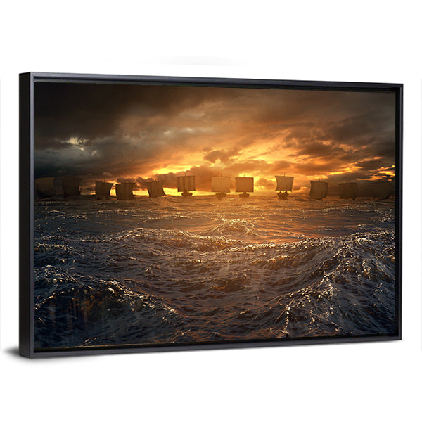 Viking Longships at Stormy Sunset Canvas Wall Art in black, orange and yellow, framed canvas, product view on a white background