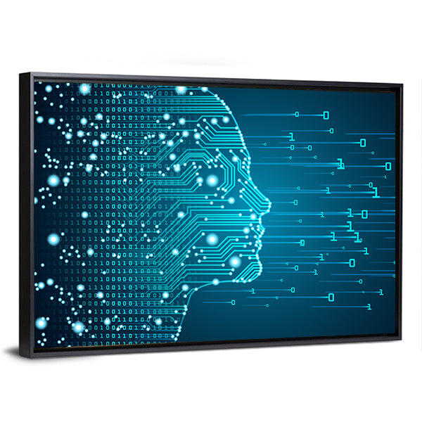 Ai Circuitry Silhouette Canvas Wall Art in black and blue, framed print, product view on a white background