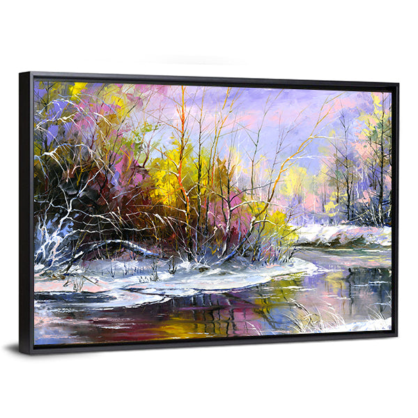 Winter River at Sunset Canvas Wall Art