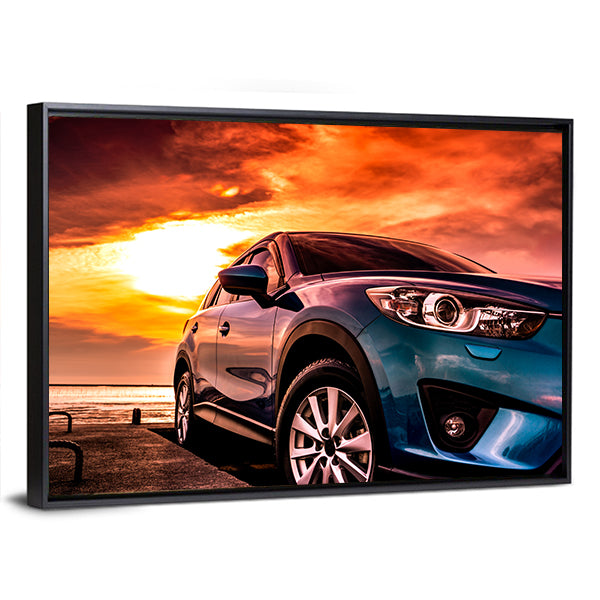 Blue Suv at Coastal Sunset Canvas Wall Art