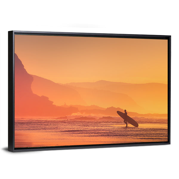 Surfer Silhouette At The Sunset Canvas Wall Art