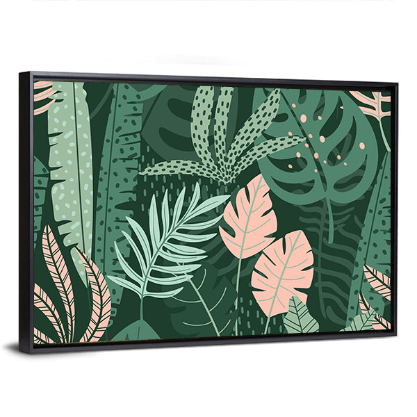 Stylized Tropical Leaves Pattern Canvas Wall Art in green and pink, framed canvas, product view on a white background