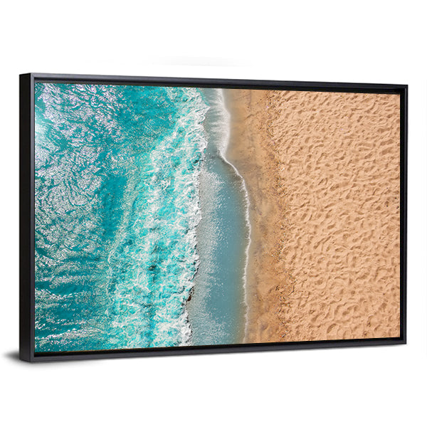 Coastline Beach Ocean Waves With Foam On The Sand Canvas Wall Art in white, beige and blue, framed canvas, product view on a white background