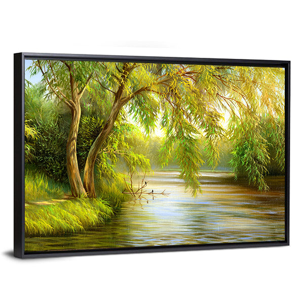 Summer Riverbank with Weeping Willow Canvas Wall Art