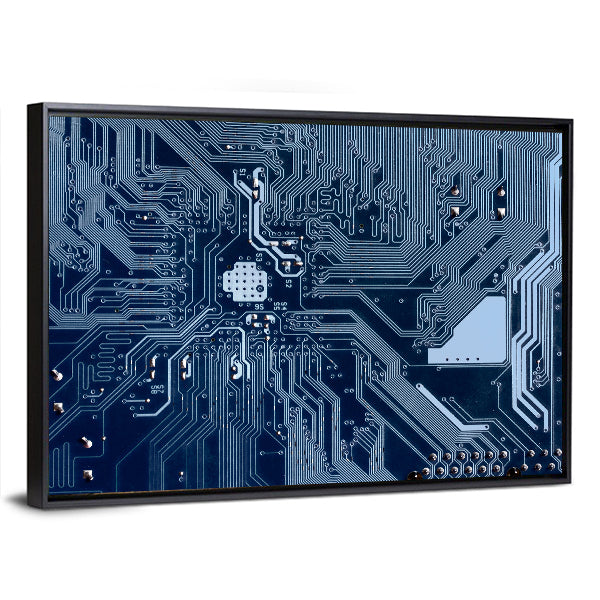 Blue Circuit Board Canvas Wall Art in blue and navy, framed print, product view on a white background