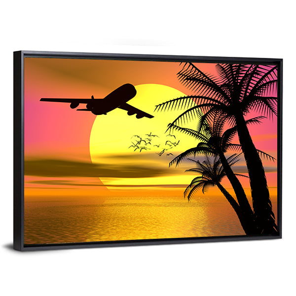 Tropical Sunset With Airplane Canvas Wall Art